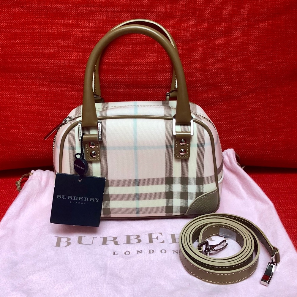 Burberry Beige Plaid Top-Handle Shoulder Bag with Tan Trim